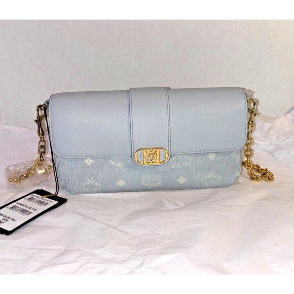 MCM Crossbody Purse Gray Leather Chic Preppy Designer Understated Gold Quiet Lux - Picture 2 of 15